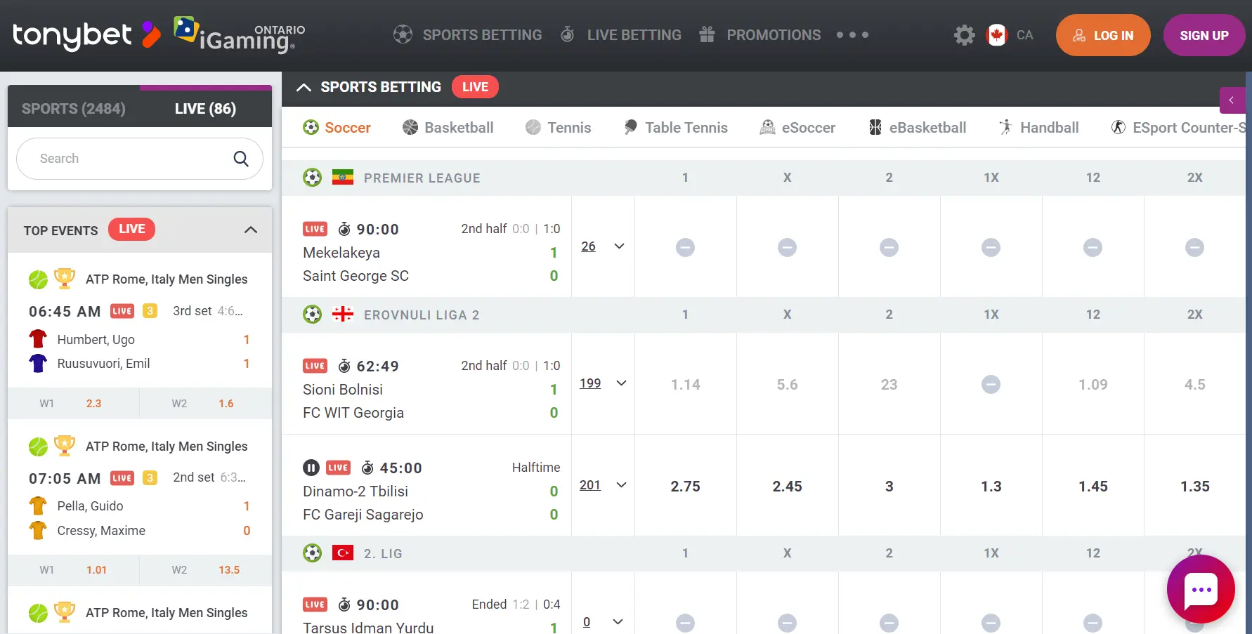 TonyBet interface